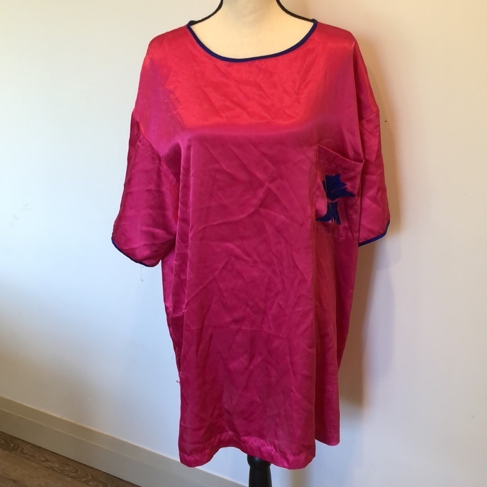 Victoria’s Secret hot pink satin nightgown with  blue trim VTG size L Gold label
